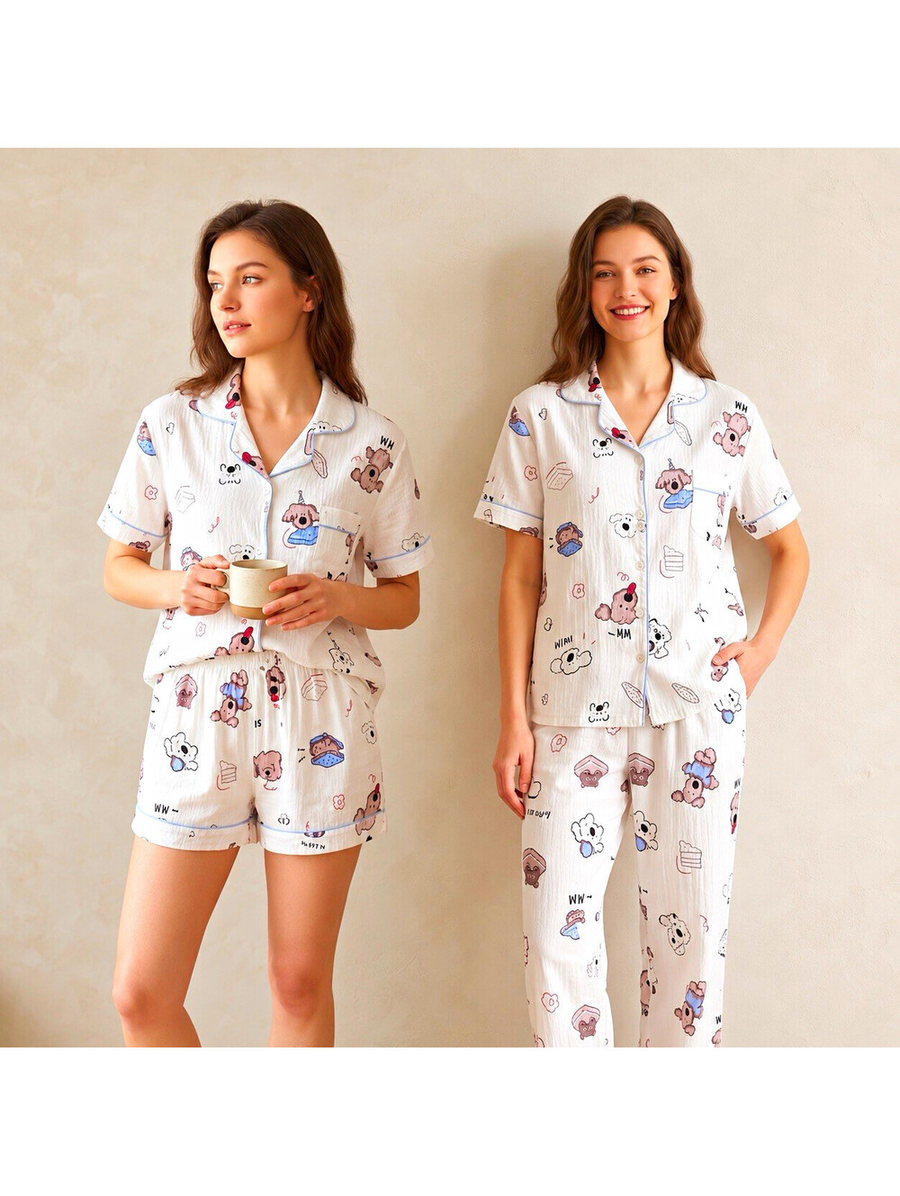 Women’s Dog Print 3 Piece Pajama Set Button Shirt Pants Shorts Size M